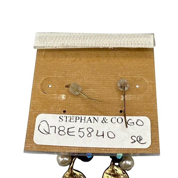 Stephan & Co. Faux Pearl Green Beaded Leaves Cluster Dangle Drop Earrings Boho - Picture 4 of 4